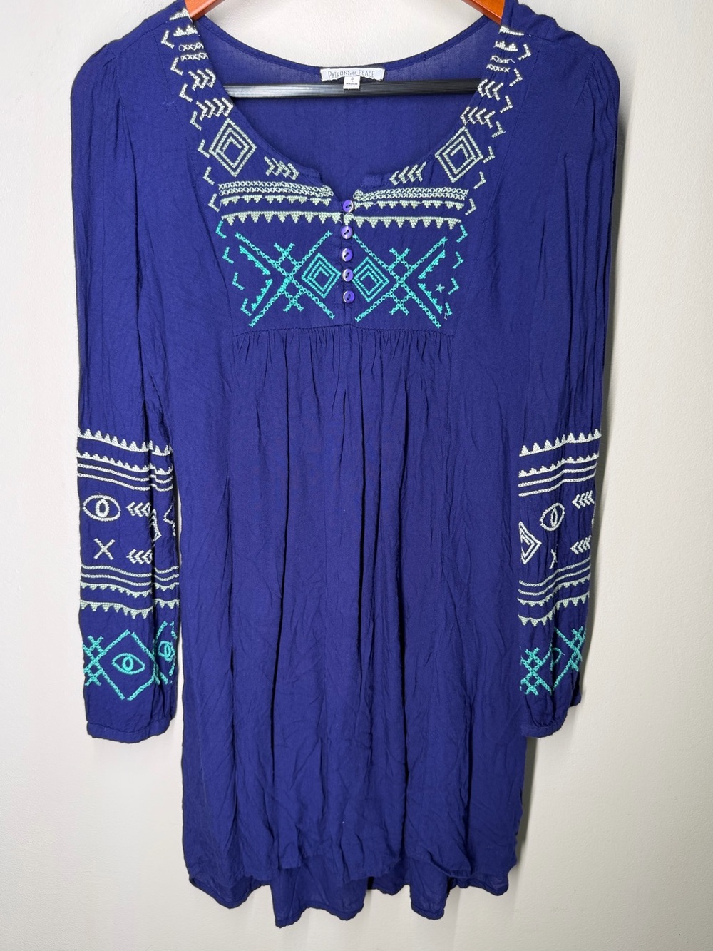 Patrons of Peace Embroidered Boho Tunic Dress Blue Long Sleeve Festival Mini